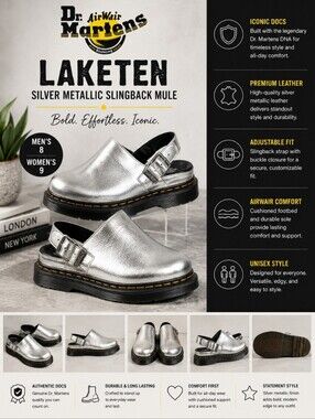 DOC MARTENS Dr. Martens Laketen Silver Metallic Slingback Mule Mens 8 Womens  9